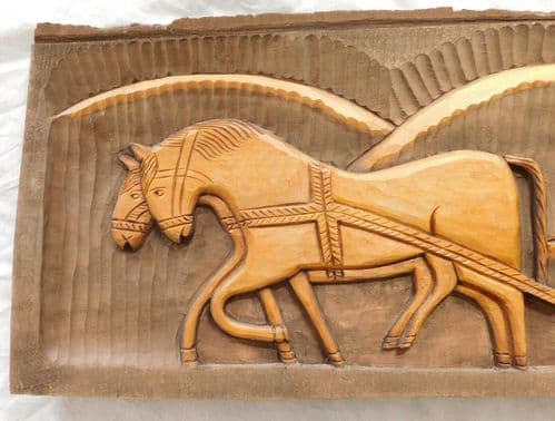 Vintage carved wood panel wooden picture Farmer and horse plough French folk art